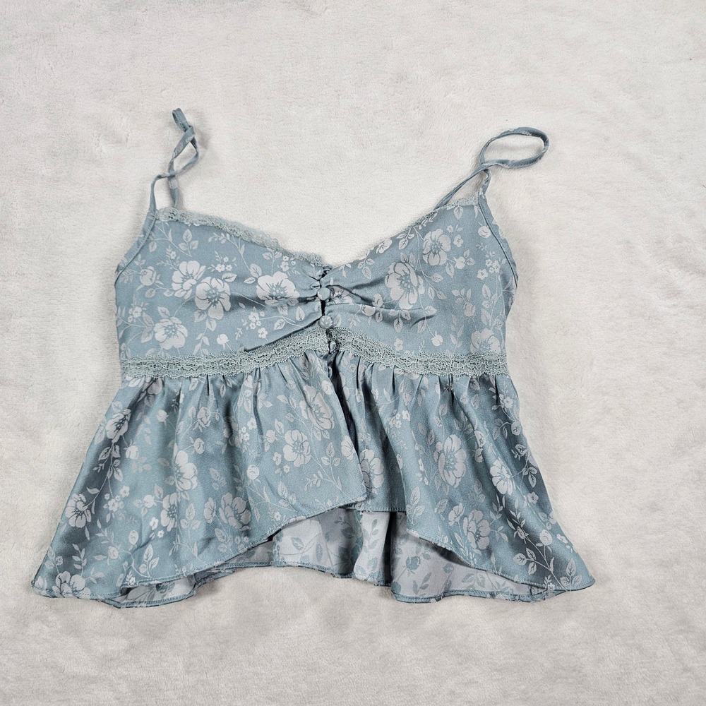 Princess Polly Floral Cami Top Blue Satin Peplum Lace Trim US 4 Boho Sweetheart